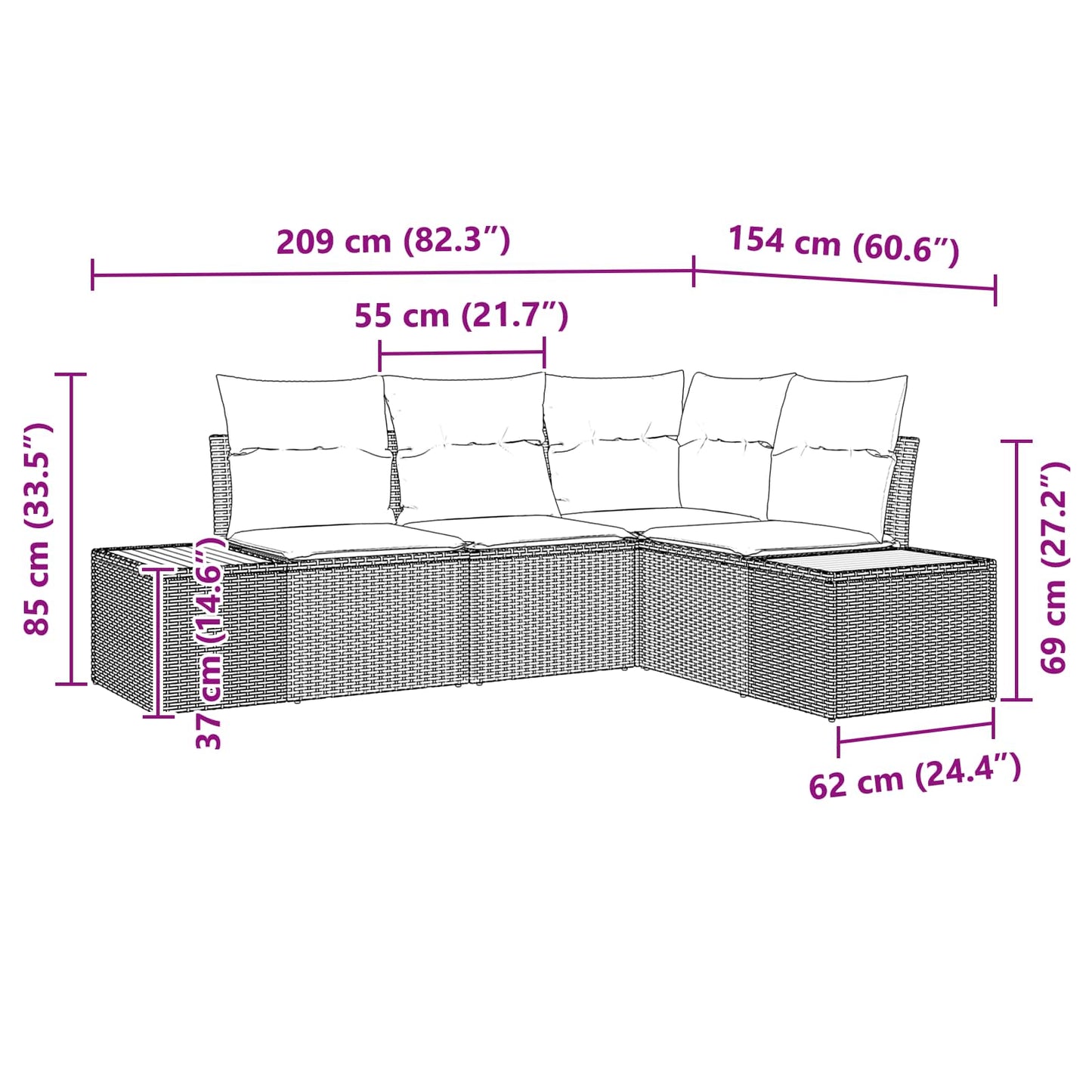 vidaXL Gartensofa-set mit Kissen mit Speicher 4 pcs Schwarz Polyrattan