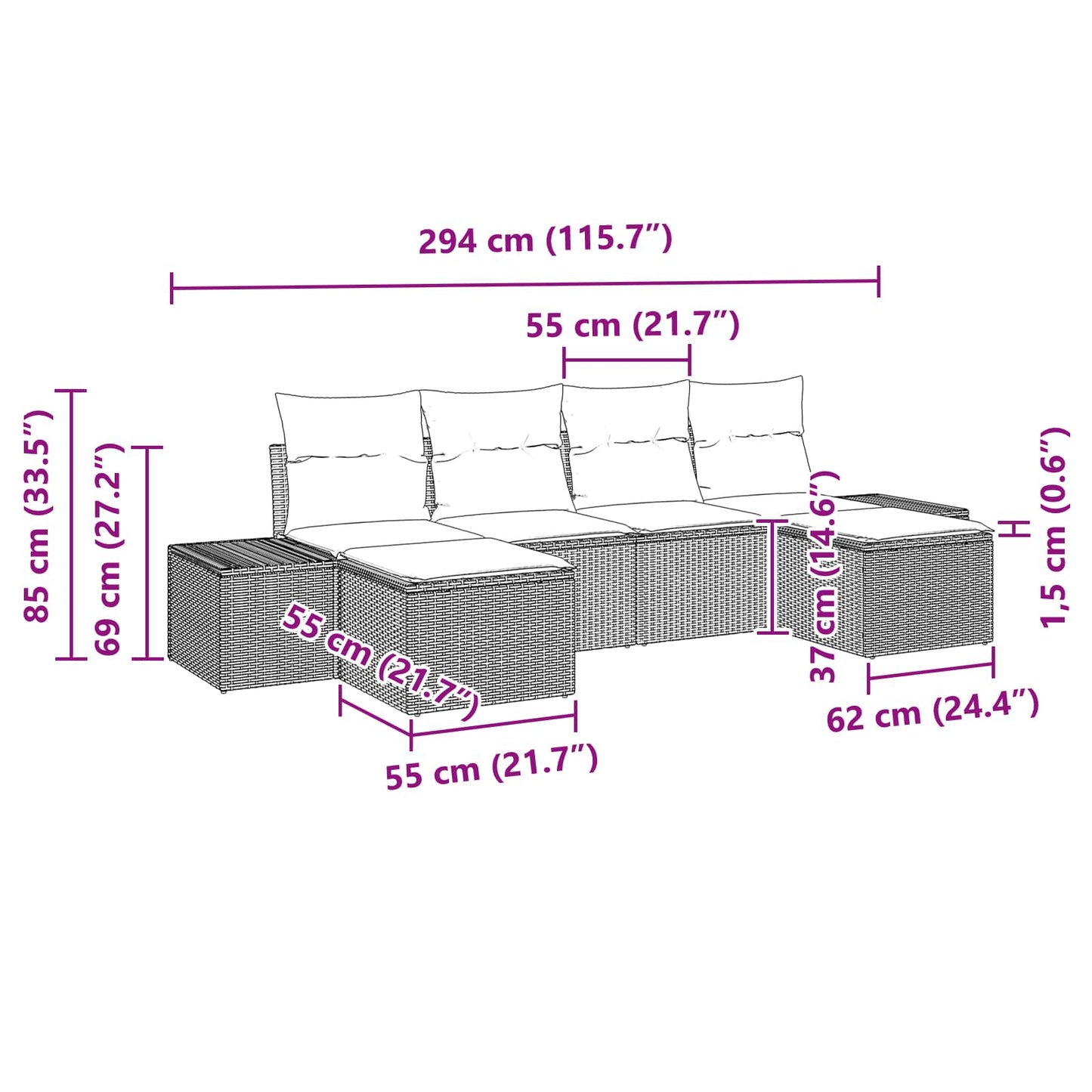 vidaXL Gartensofa-set mit Kissen 6 pcs Schwarz Poly Rattan