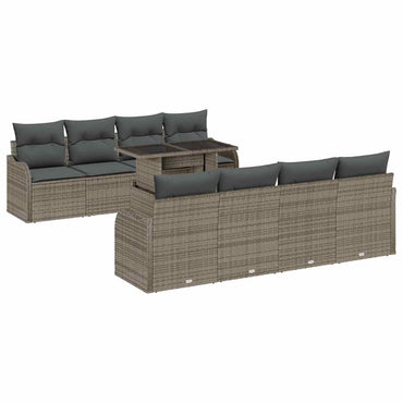 vidaXL Garten-Sofa-Set mit Kissen mit Speicher 9 pcs Grau Poly Rattan