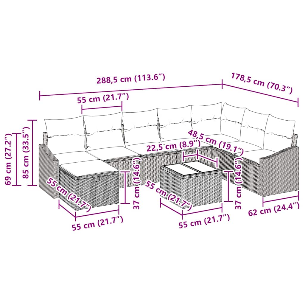 Garten-Sofa-Set mit Kissen 9 pcs Schwarz Poly Rattan