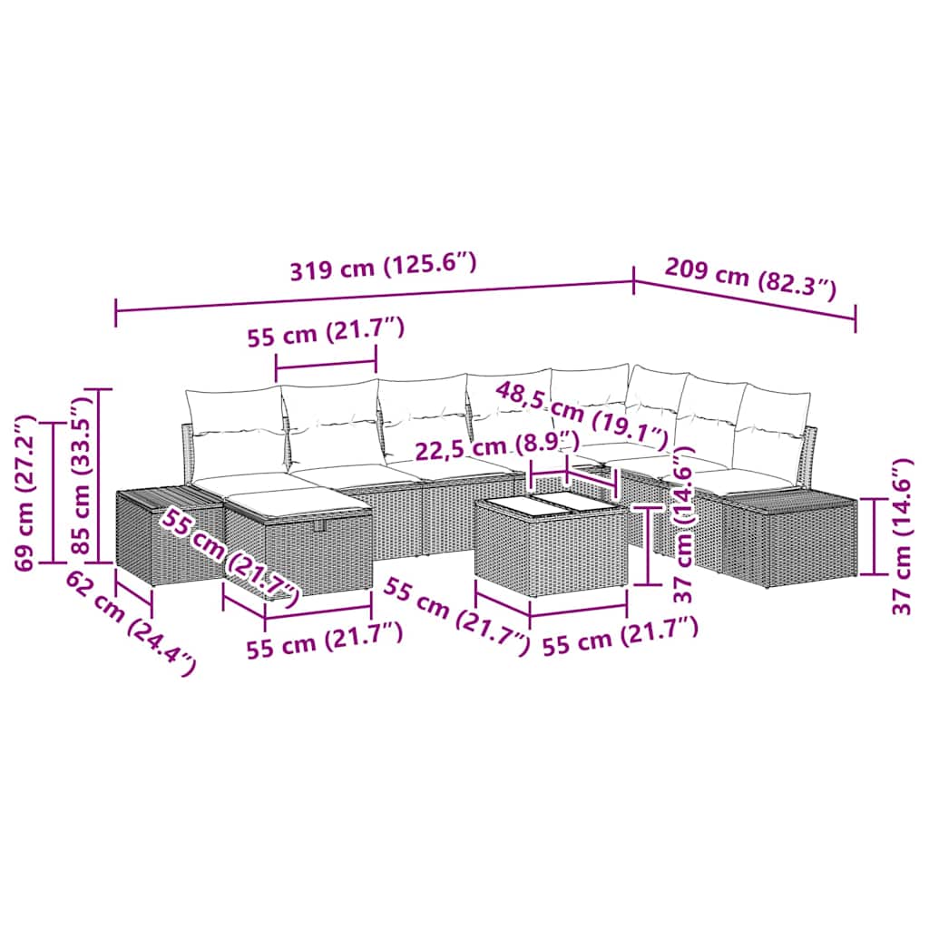 Gartensofa-set mit Kissen 9 pcs Grau Poly-Rattan