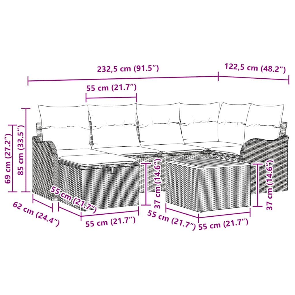 Gartensofa-set mit Kissen 7 pcs Schwarz Poly-Rattan