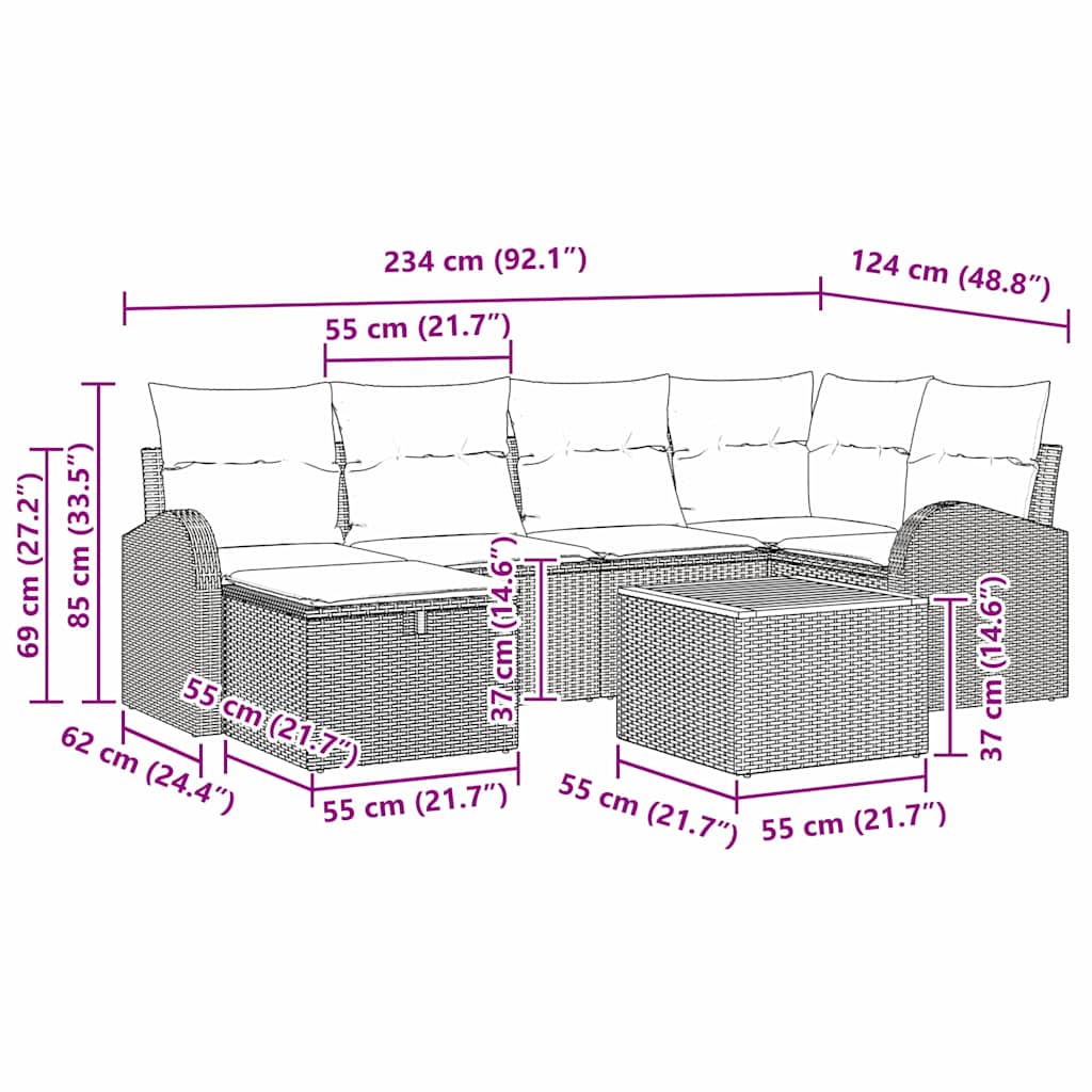 Gartensofa-set mit Kissen 7 pcs Schwarz Poly-Rattan