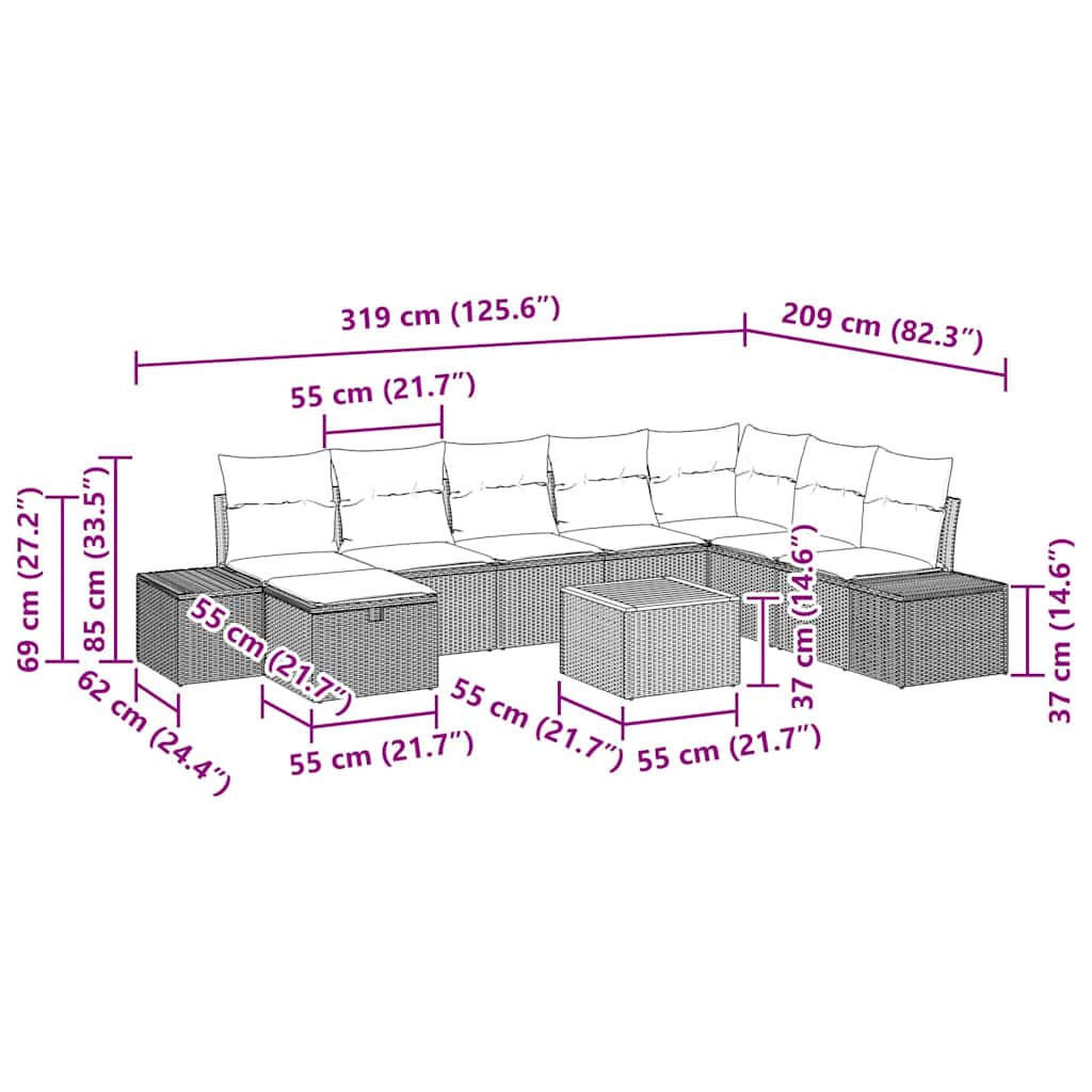 Gartensofa-set mit Kissen mit Speicher 9 pcs Grau Poly-Rattan
