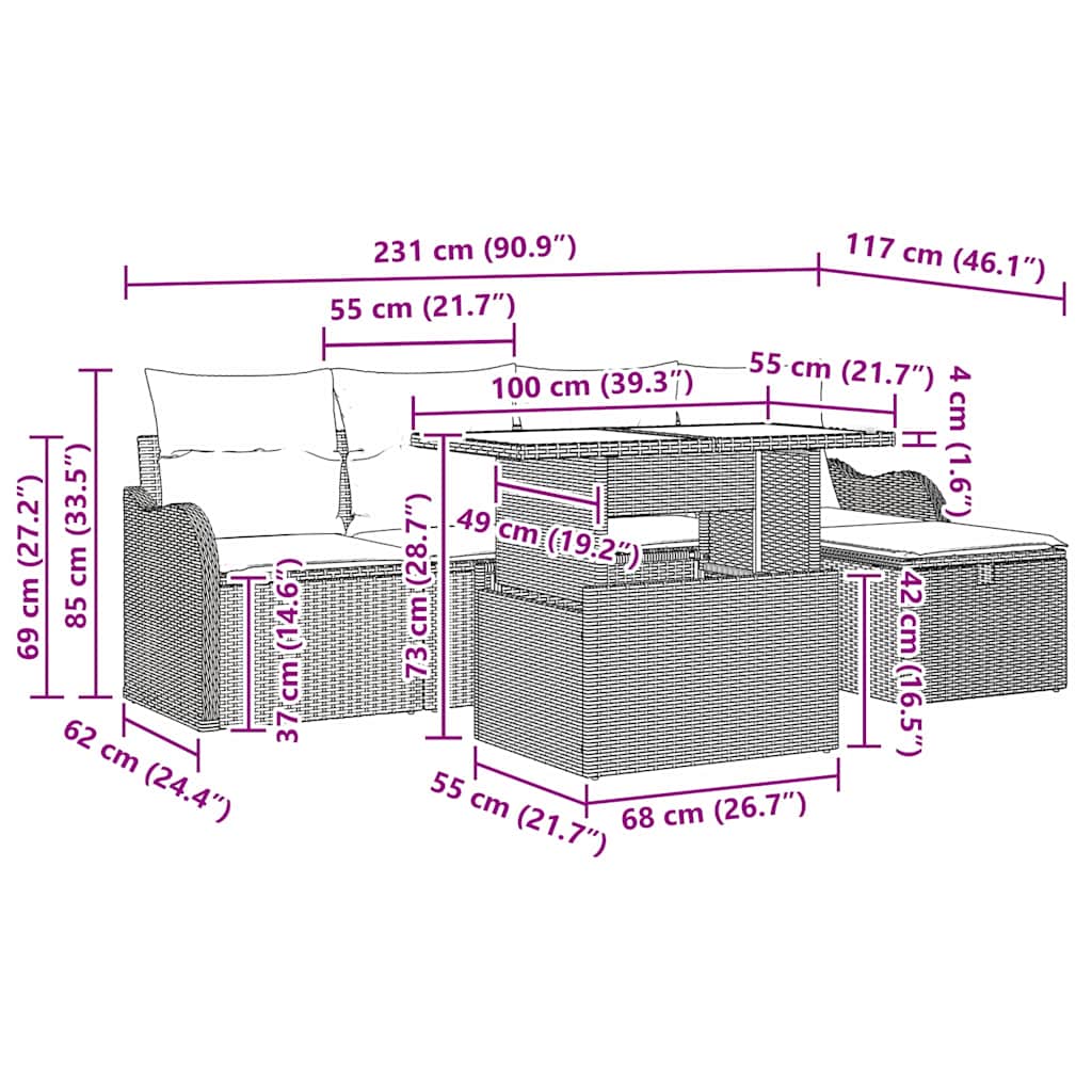 vidaXL Garten-Sofa-Set mit Kissen mit Speicher 6 pcs Grau Poly Rattan