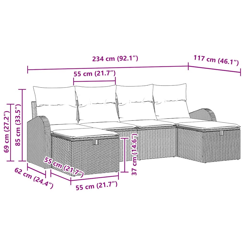 vidaXL Garten-Sofa-Set mit Kissen 6 pcs Schwarz Poly Rattan