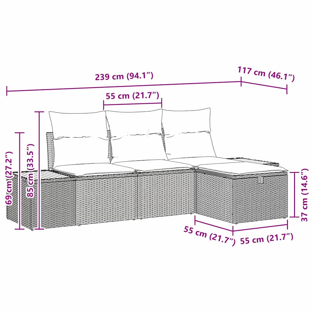 vidaXL Gartensofa-set mit Kissen mit Speicher 4 pcs Beige Poly-Rattan