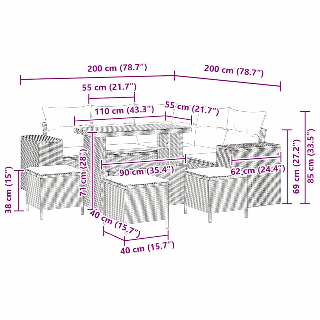Gartensofa-set mit Kissen 9 pcs Schwarz Poly-Rattan