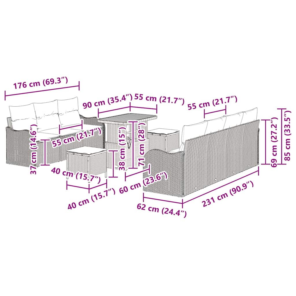 vidaXL Gartensofa-set mit Kissen 10 pcs Grau Poly-Rattan