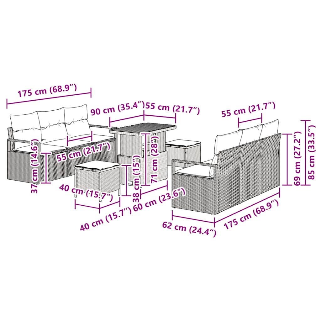 vidaXL Gartensofa-set mit Kissen 9 pcs Beige Poly-Rattan