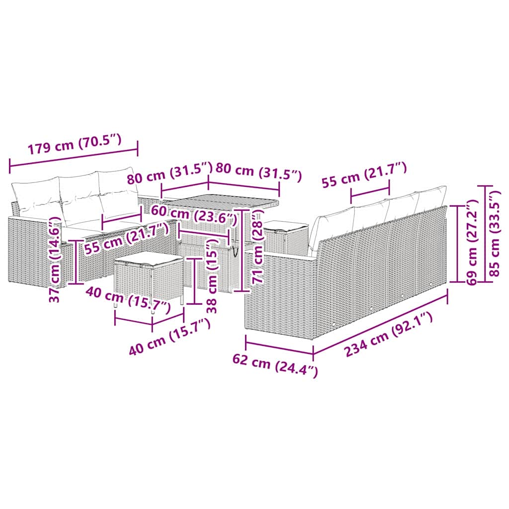 vidaXL Gartensofa-set 10 pcs Grau Poly-Rattan