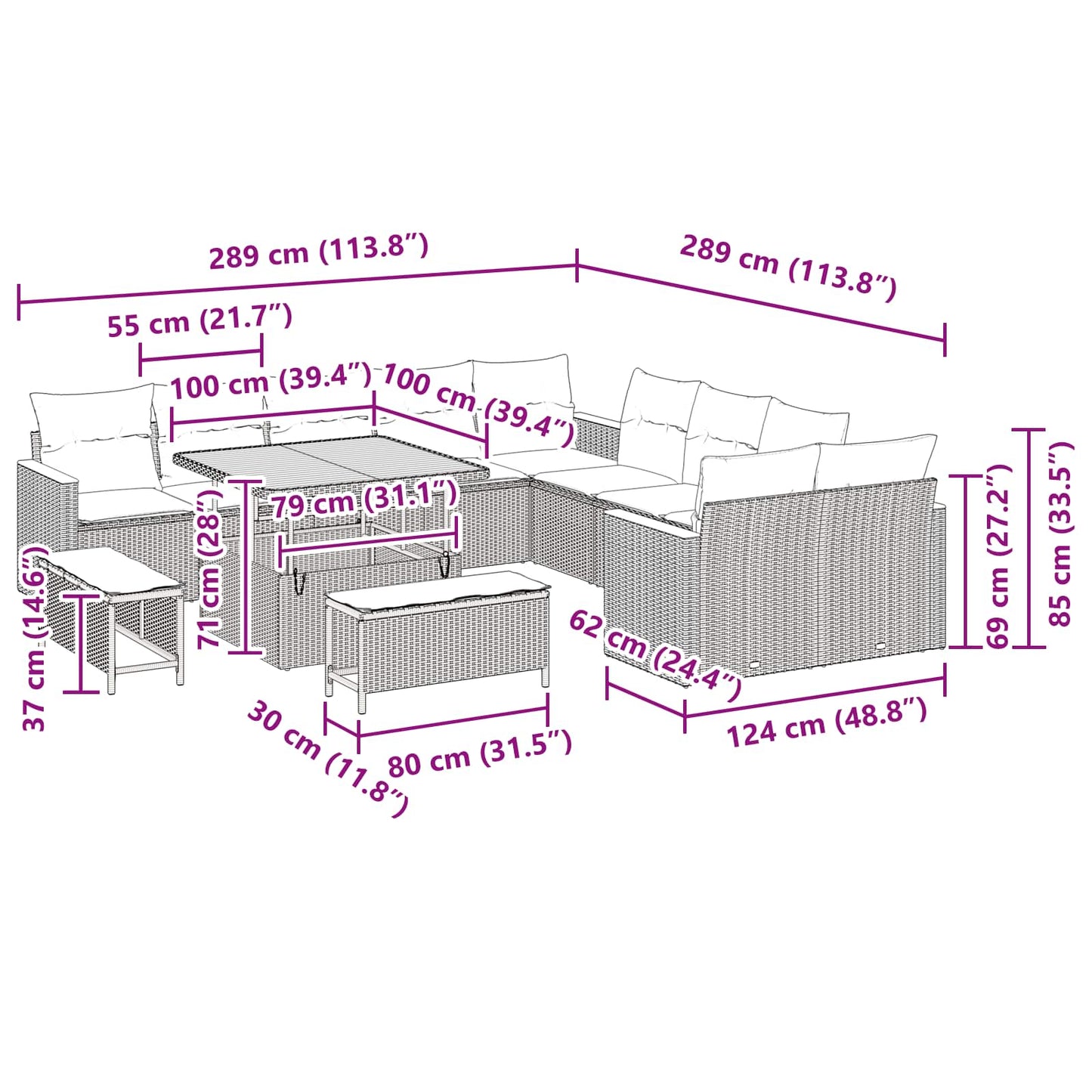 vidaXL Gartensofa-set 13 pcs Schwarz Poly-Rattan