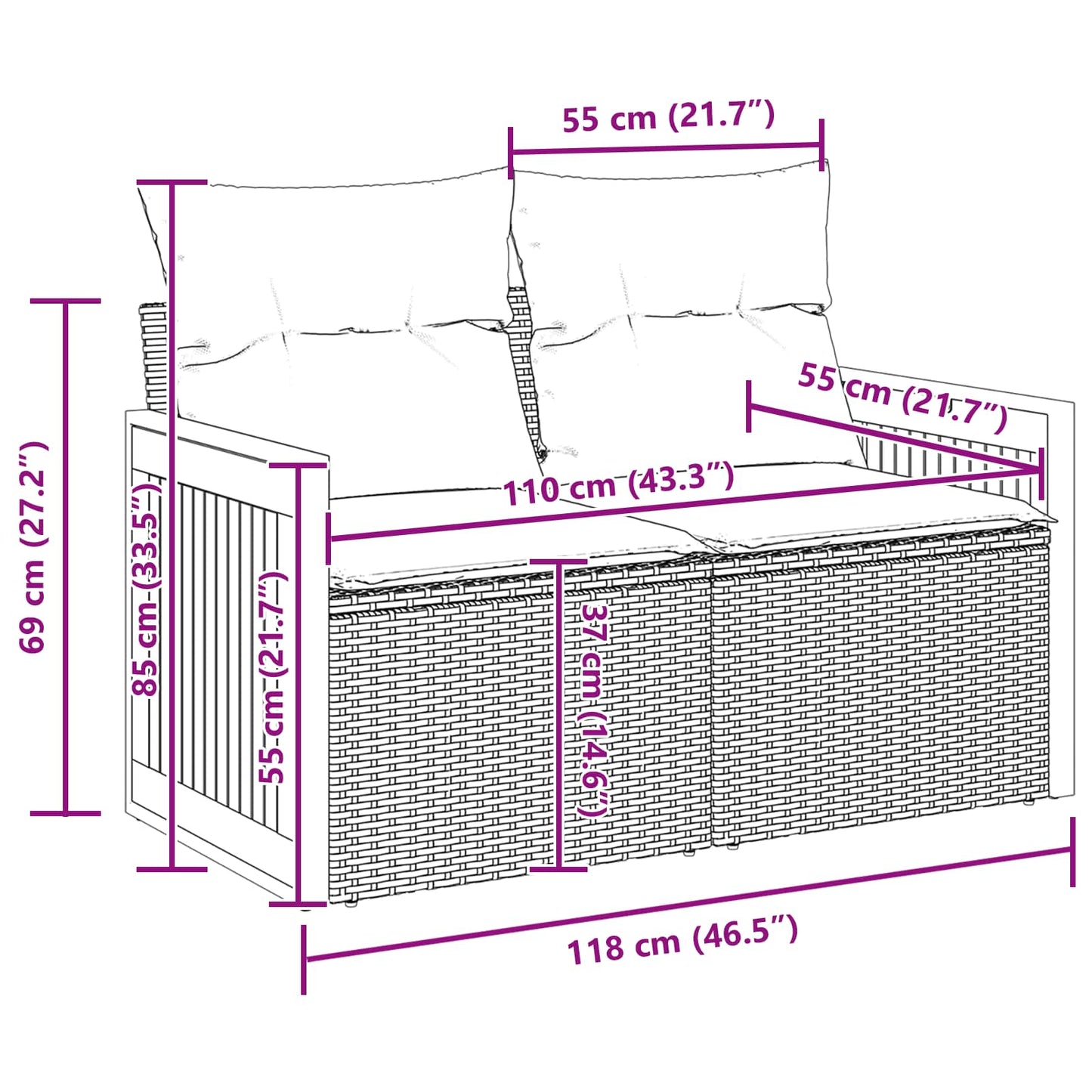 Gartensofa-set mit Kissen 13 pcs Schwarz