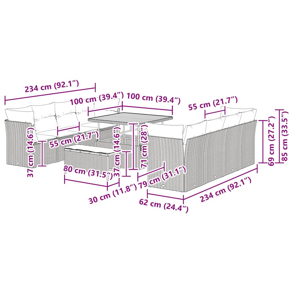 vidaXL Gartensofa-set mit Kissen 11 pcs Beige und Creme Poly-Rattan