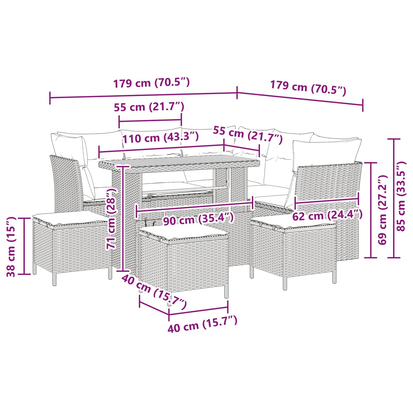 vidaXL Garten-Sofa-Set mit Kissen mit Speicher 9 pcs Schwarz