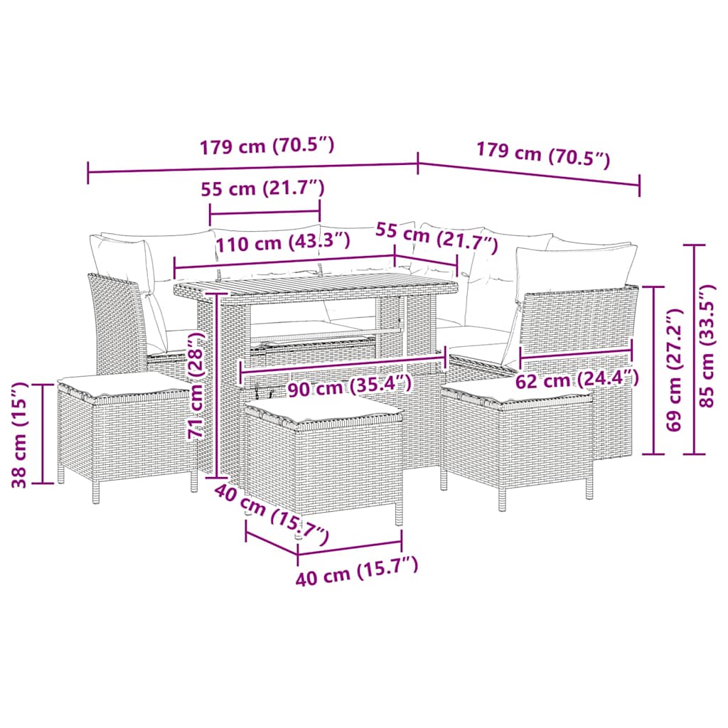vidaXL Garten-Sofa-Set mit Kissen mit Speicher 9 pcs Schwarz und Creme