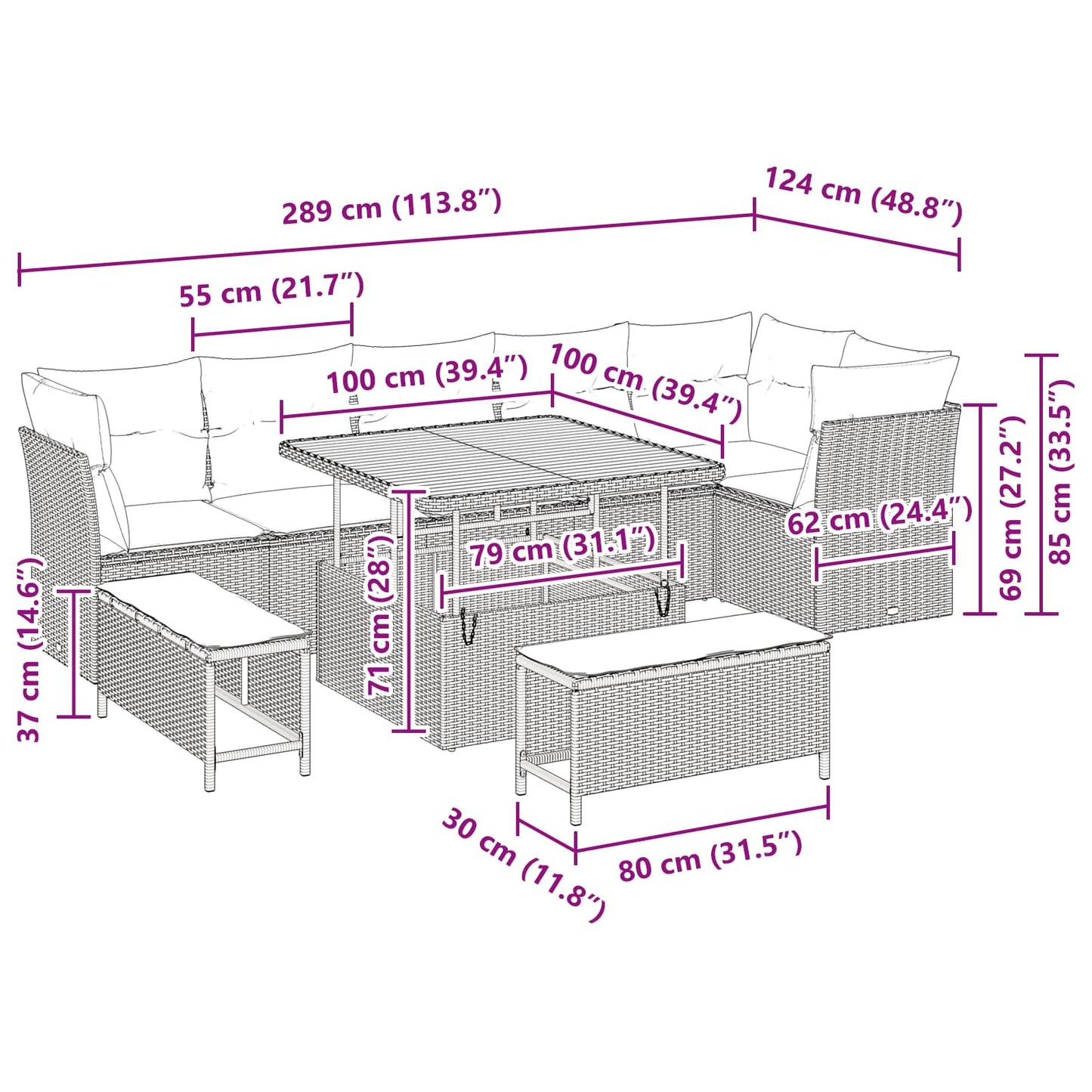 vidaXL Garten-Sofa-Set mit Kissen mit Speicher 9 pcs Schwarz
