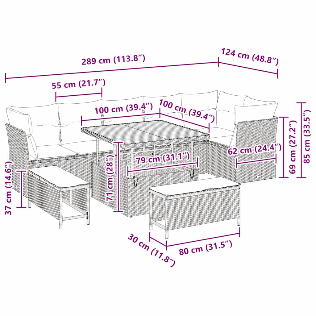 vidaXL Garten-Sofa-Set mit Kissen mit Speicher 9 pcs Beige und Creme