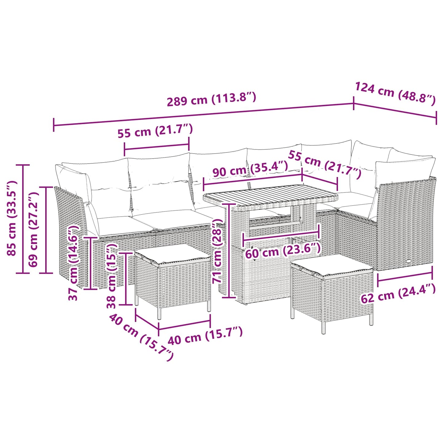 vidaXL Garten-Sofa-Set mit Kissen 9 pcs Schwarz 90 x 55 x 71 cm