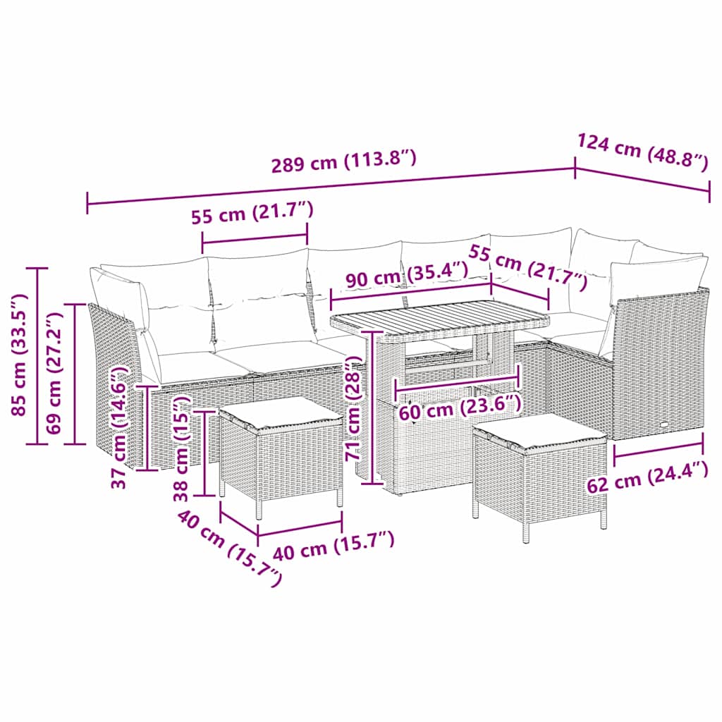 vidaXL Garten-Sofa-Set mit Kissen 9 pcs Beige und Hellgrau