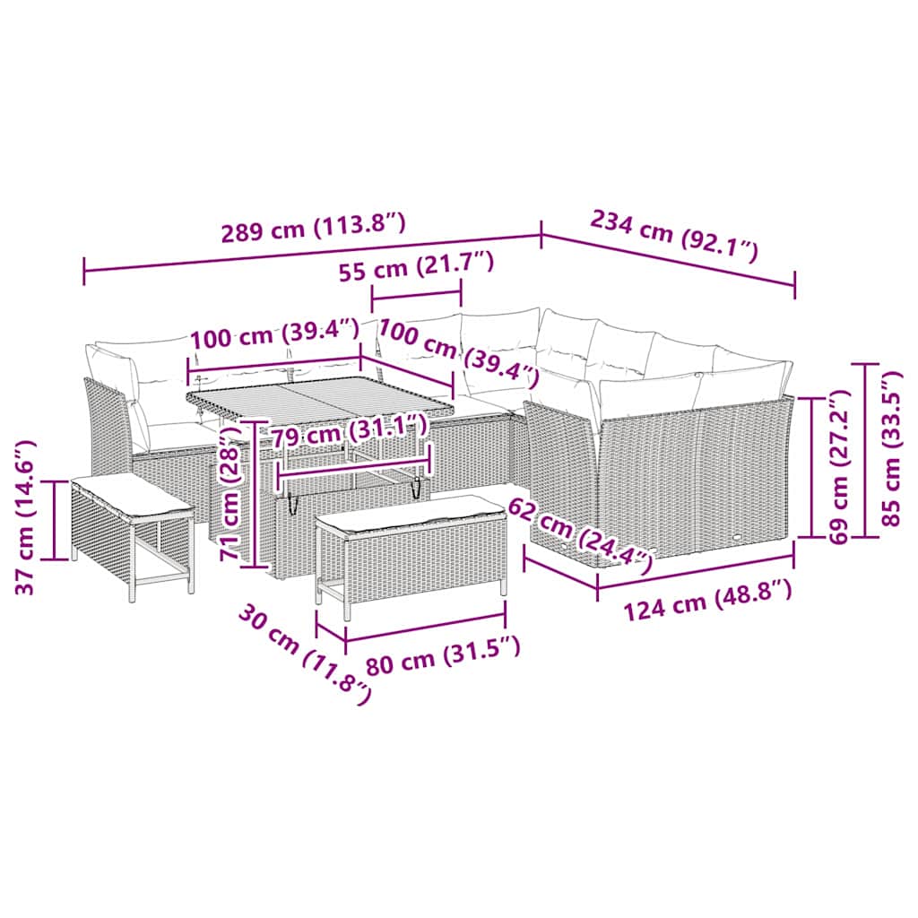 vidaXL Garten-Sofa-Set mit Kissen mit Speicher 12 pcs Grau