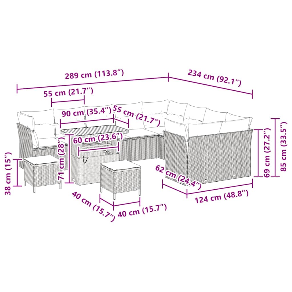 vidaXL Garten-Sofa-Set mit Kissen mit Speicher 12 pcs Grau
