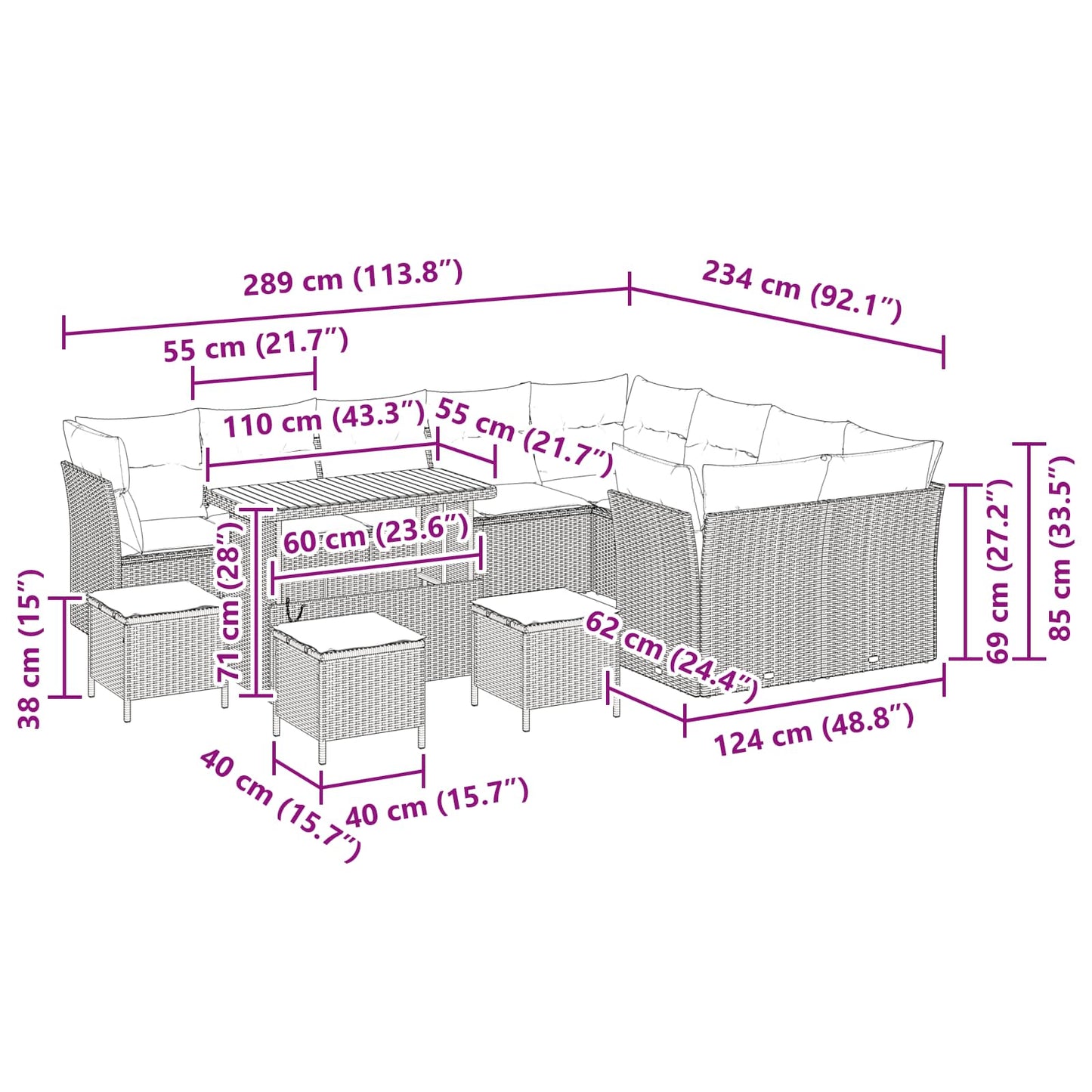 vidaXL Garten-Sofa-Set mit Kissen mit Speicher 13 pcs Schwarz
