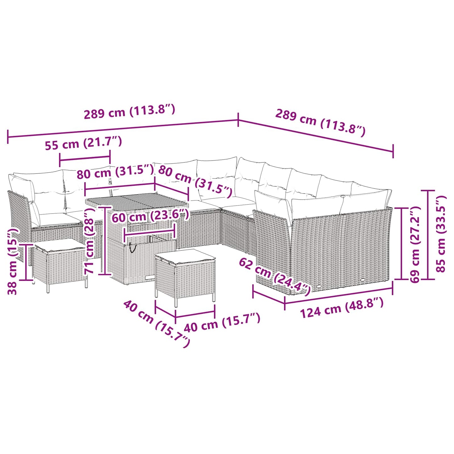 vidaXL Gartensofa-set mit Kissen 13 pcs Schwarz Poly-Rattan