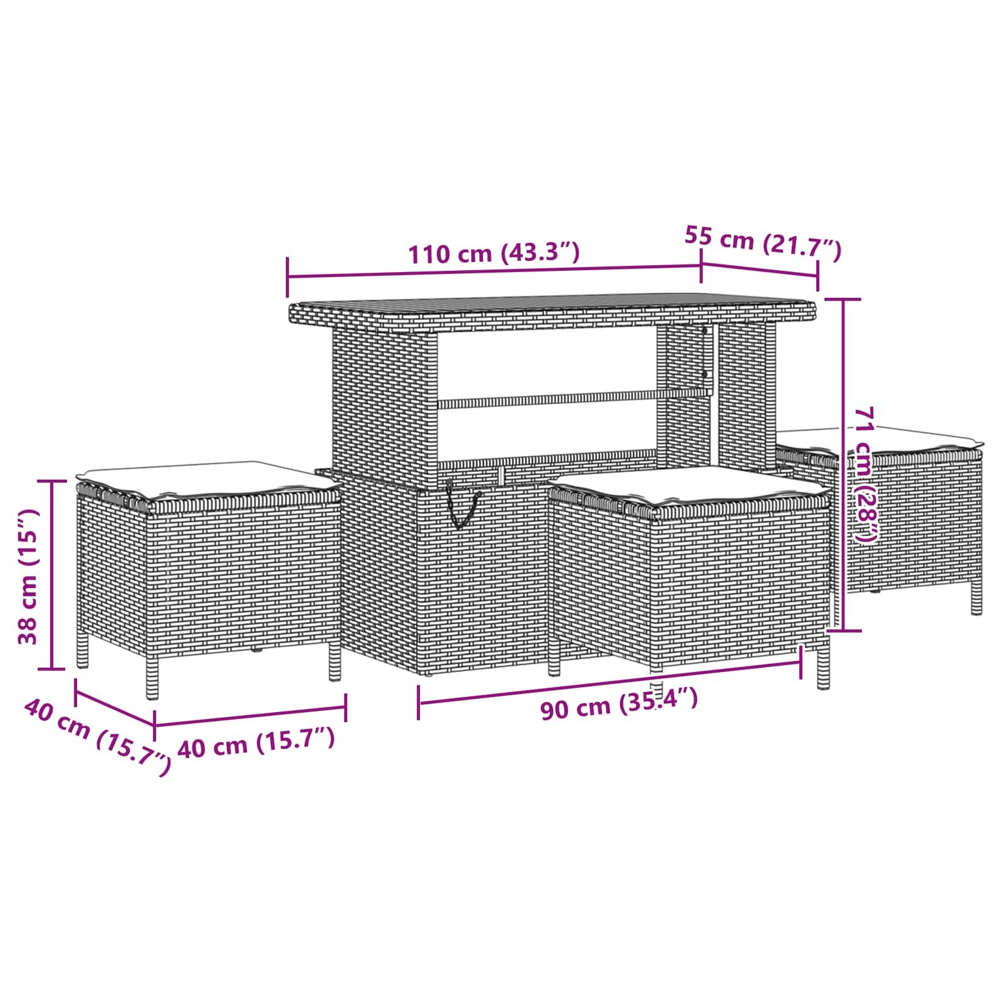 vidaXL Garten-Sofa-Set mit Kissen mit Speicher 14 pcs Schwarz
