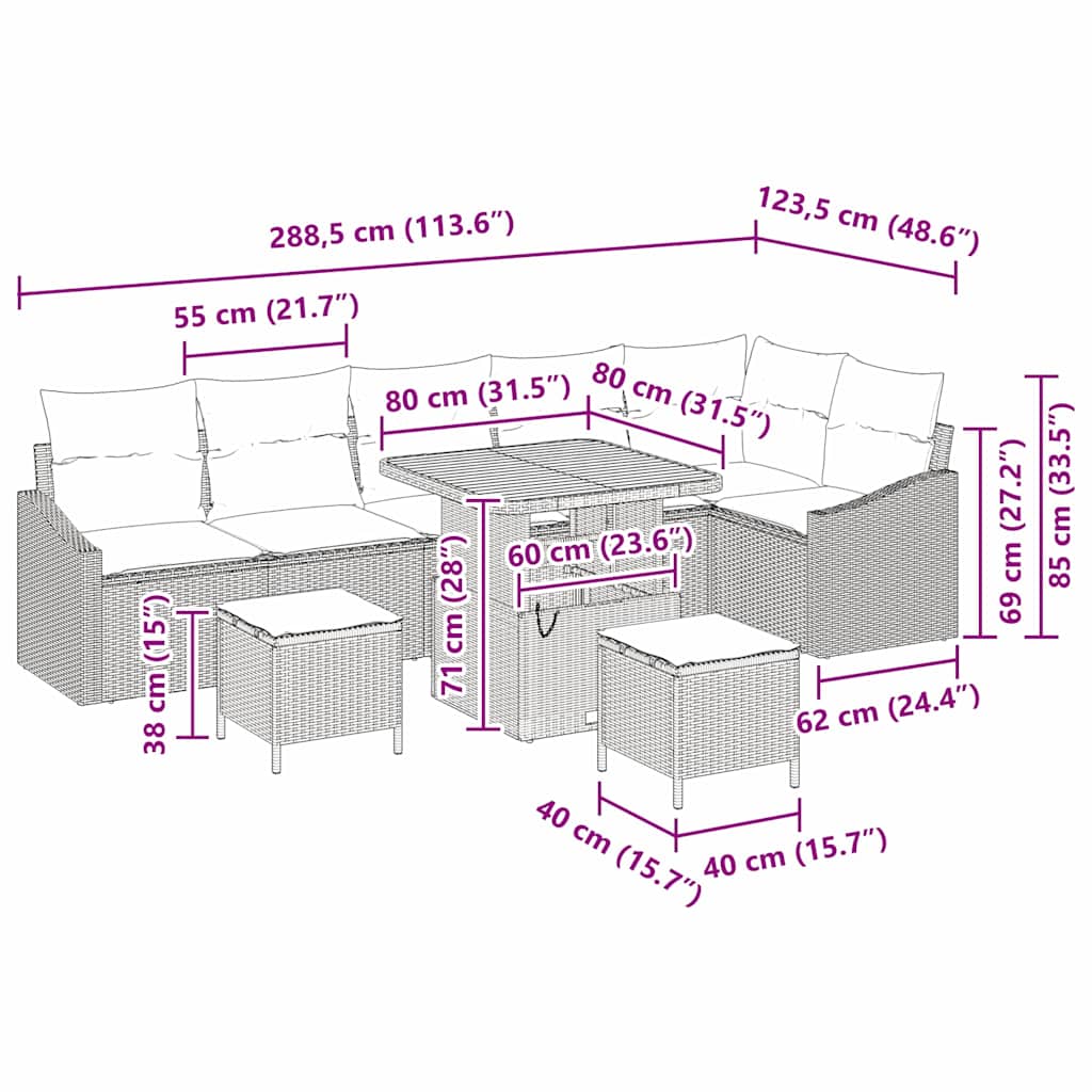 Gartensofa-set mit Kissen 9 pcs Schwarz Poly Rattan