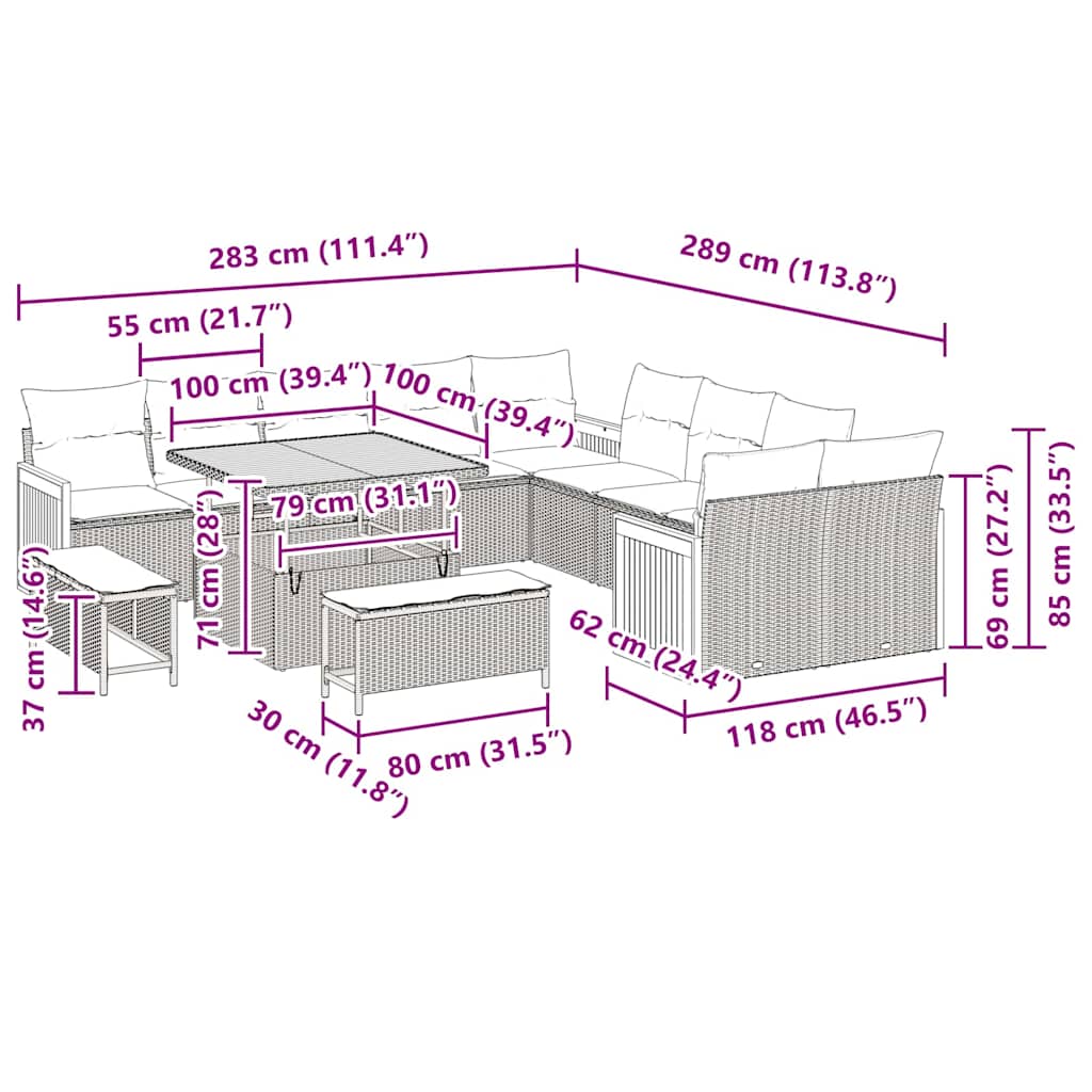 vidaXL Gartensofa-set mit Kissen 17 pcs Beige und Creme Poly-Rattan