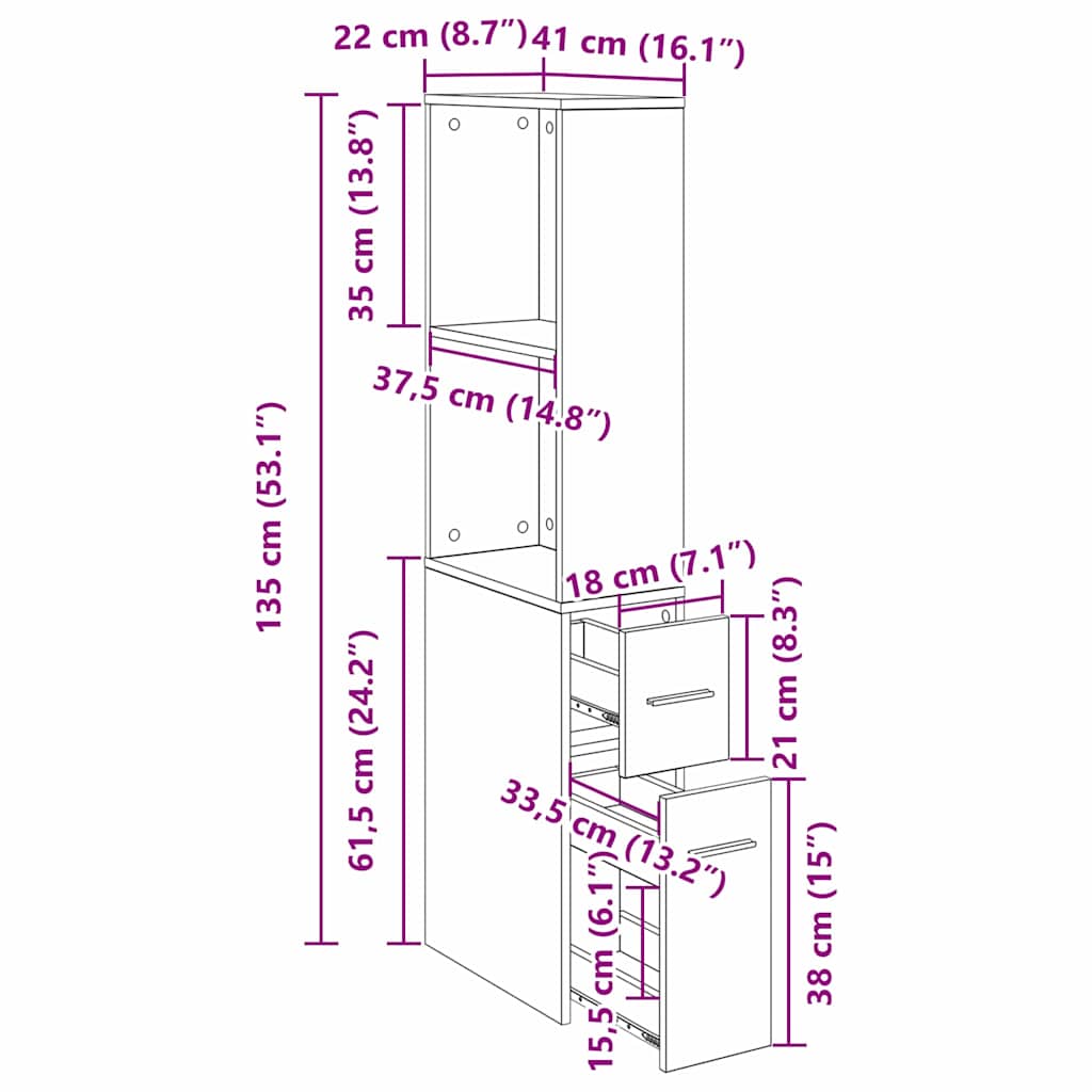 vidaXL Badezimmermöbel-Set Schwarz Eichen-Optik 22 x 41 x 135 cm