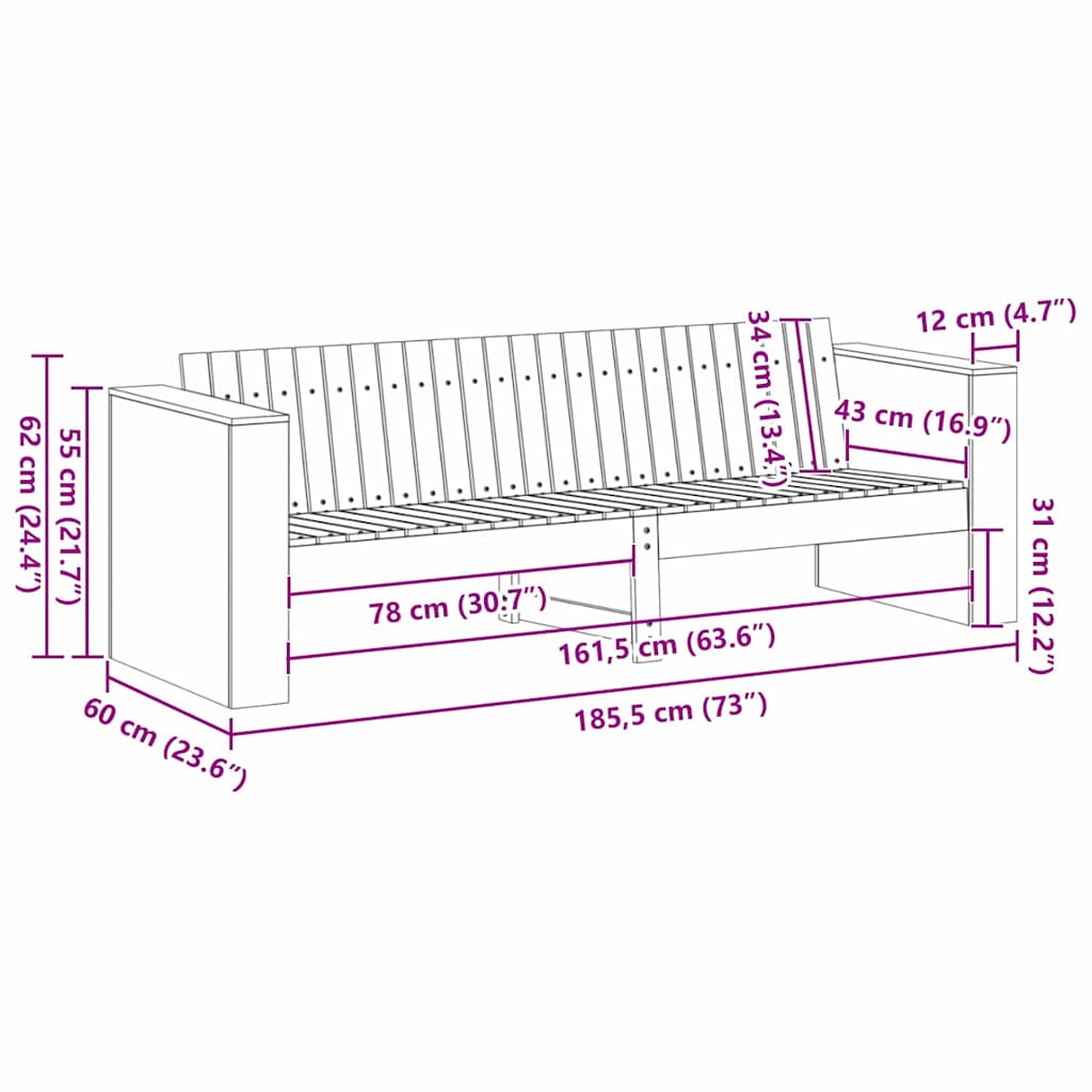 vidaXL Garten-Sofa Weiß 185,5 x 60 x 62 cm Massives Kiefernholz