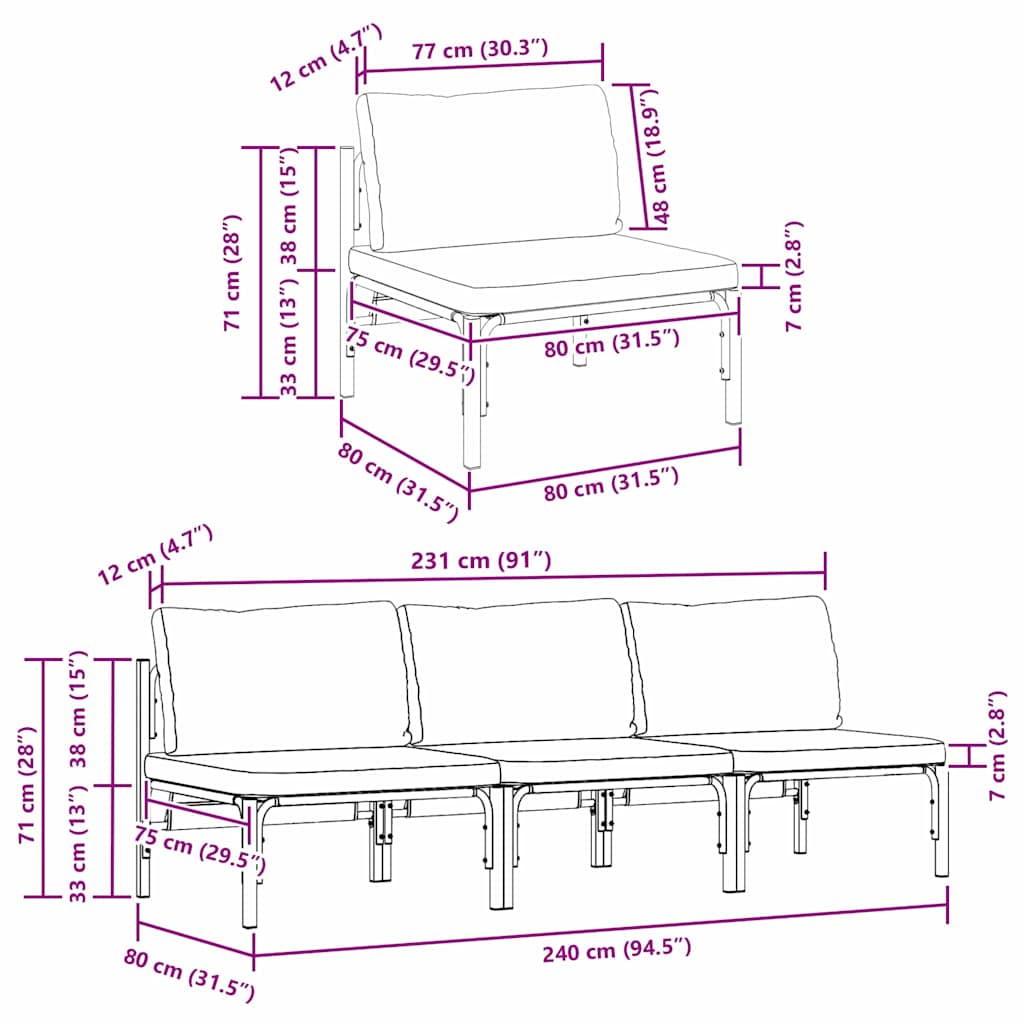 vidaXL Gartenmöbel mit Kissen 3 pcs Anthrazit 80 x 80 x 71 cm Stahl