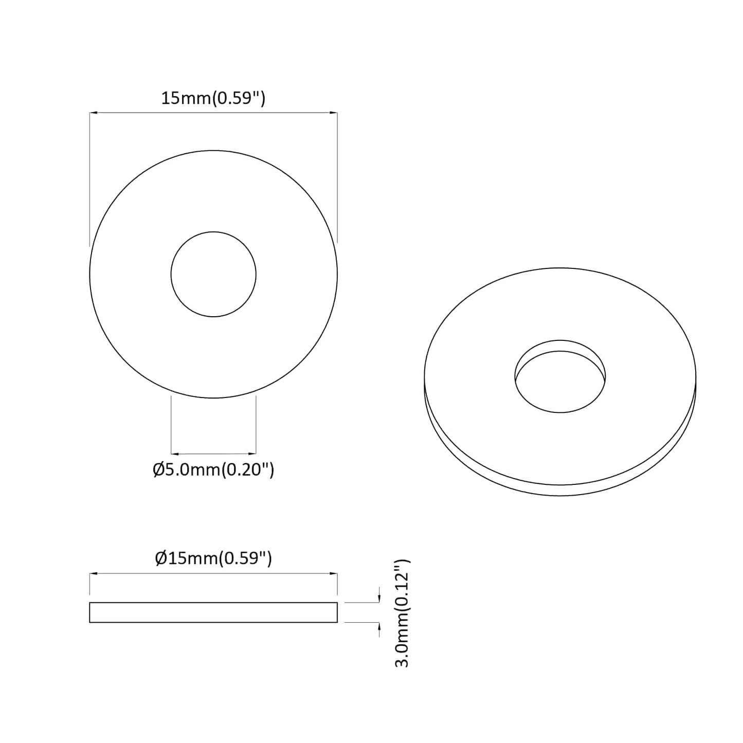 geeignet für Flachscheiben 12 pcs Schwarz ∅15 x 3 mm