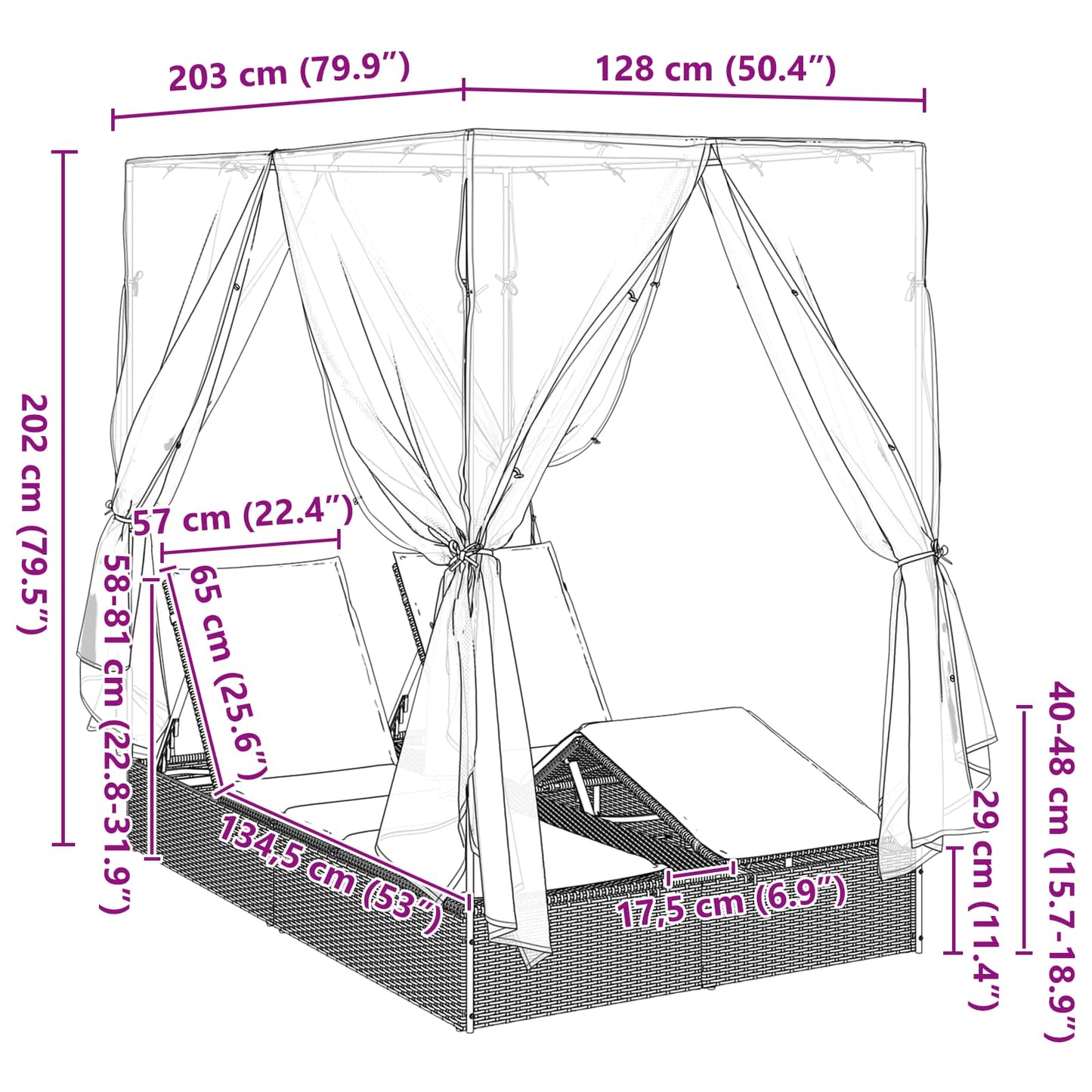 Doppelte Sonnenliege Grau 205 x 129 x 200 cm Poly-Rattan