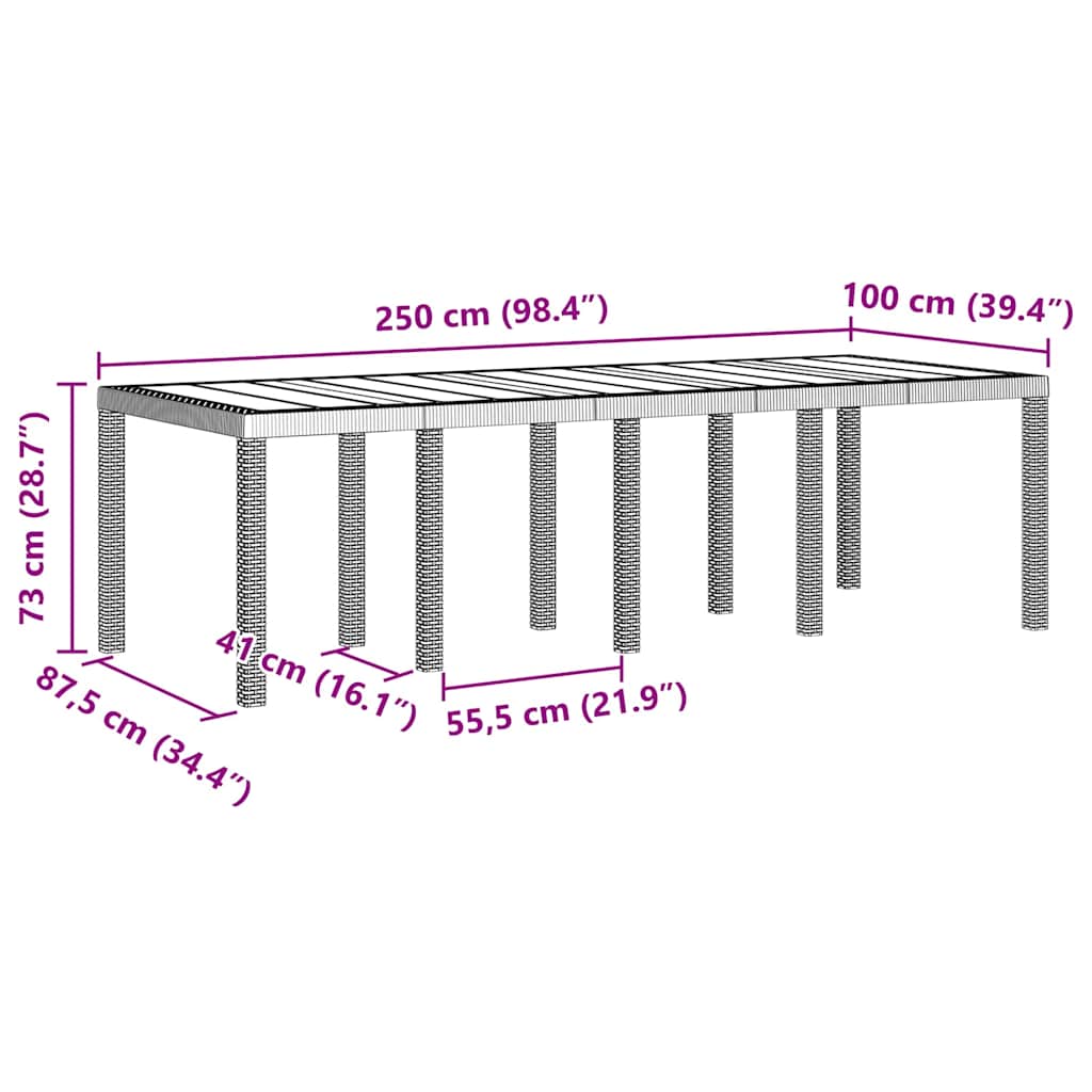 vidaXL Gartentisch Hellgrau 250 x 100 x 73 cm Poly-Rattan