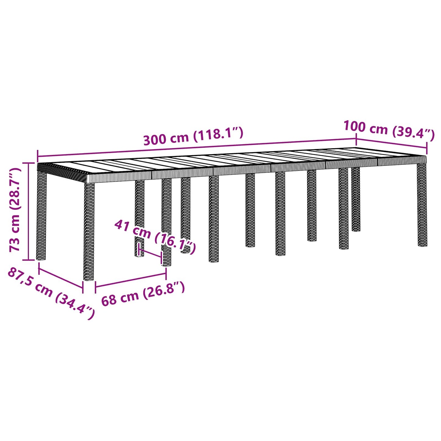 vidaXL Gartentisch Braun 300 x 100 x 73 cm Poly-Rattan