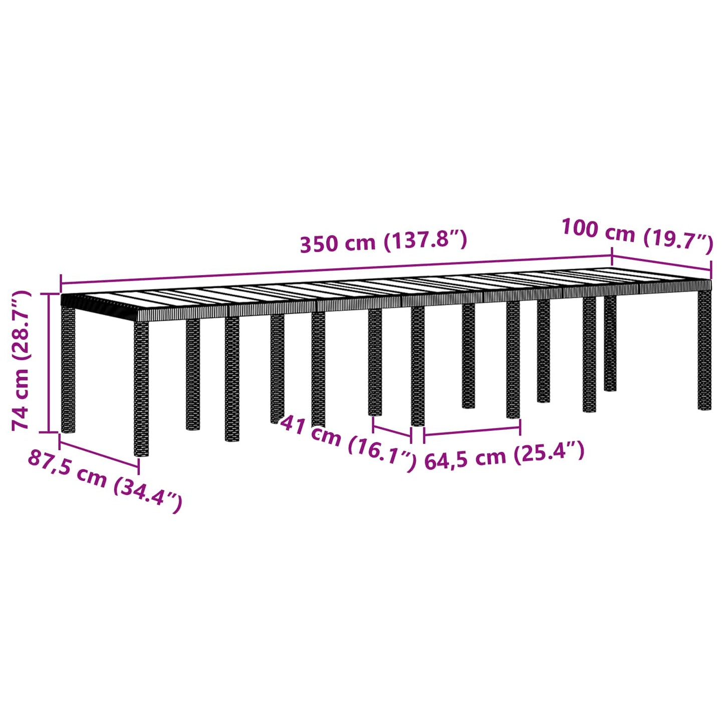 vidaXL Gartentisch Braun 350 x 100 x 74 cm Poly-Rattan