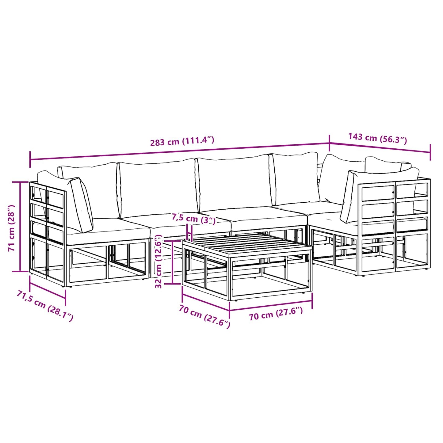 vidaXL Salon de jardin avec coussins 6 pcs Noir Aluminium