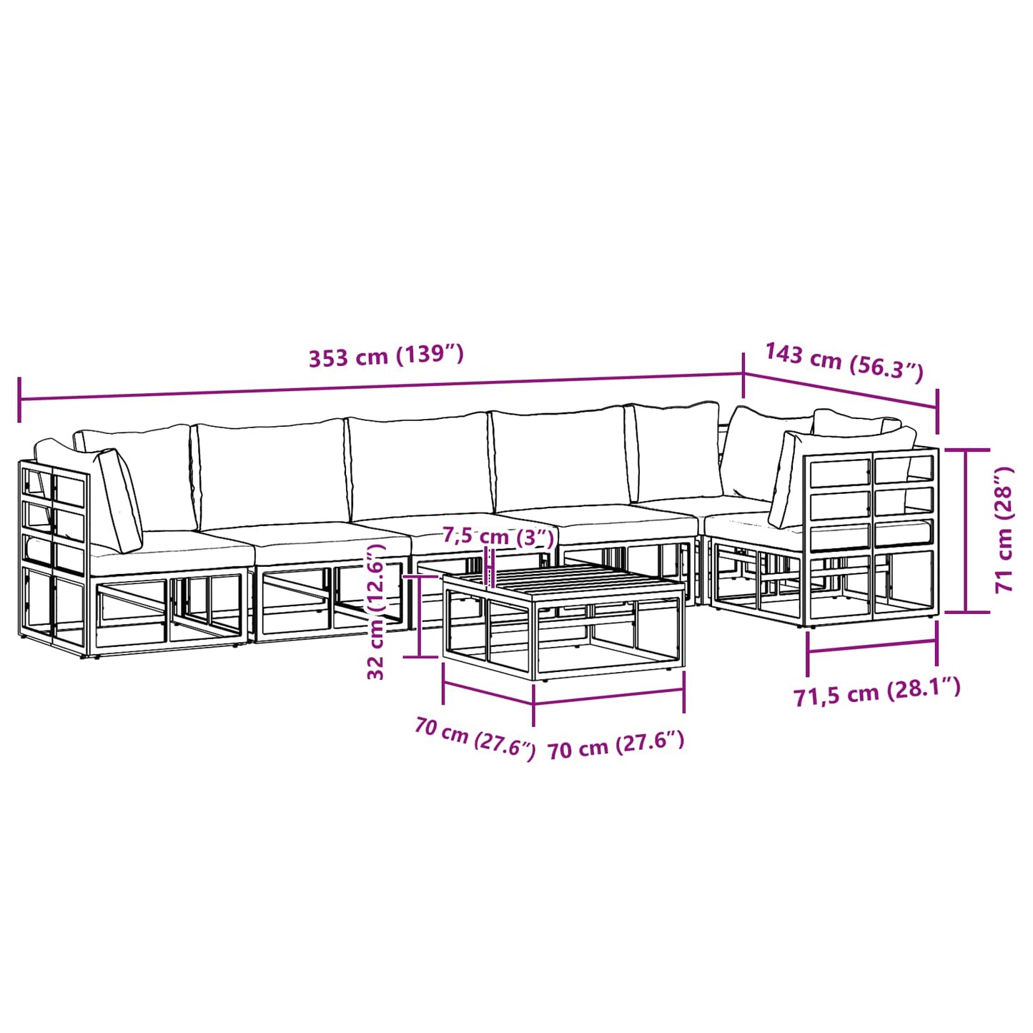 vidaXL Salon de jardin avec coussins 7 pcs Noir Aluminium