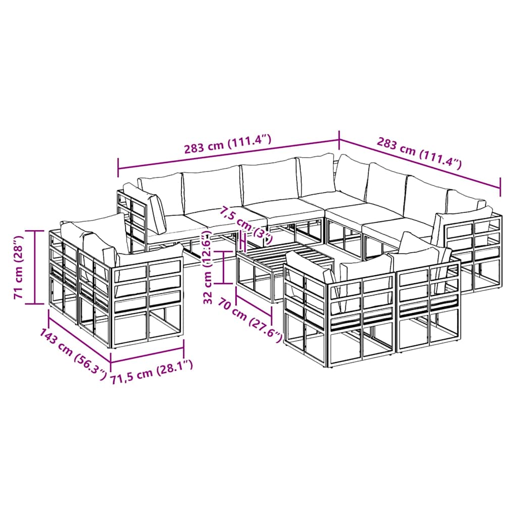 vidaXL Ensemble de canapés de jardin avec coussins 12 pcs Aluminium noir