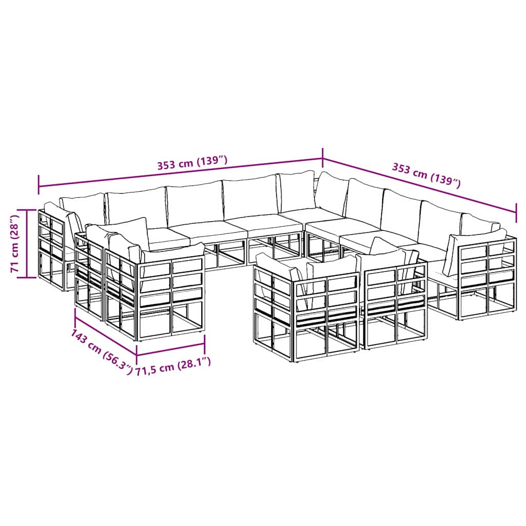 Gartensofa-set mit Kissen 13 pcs Schwarz Aluminium
