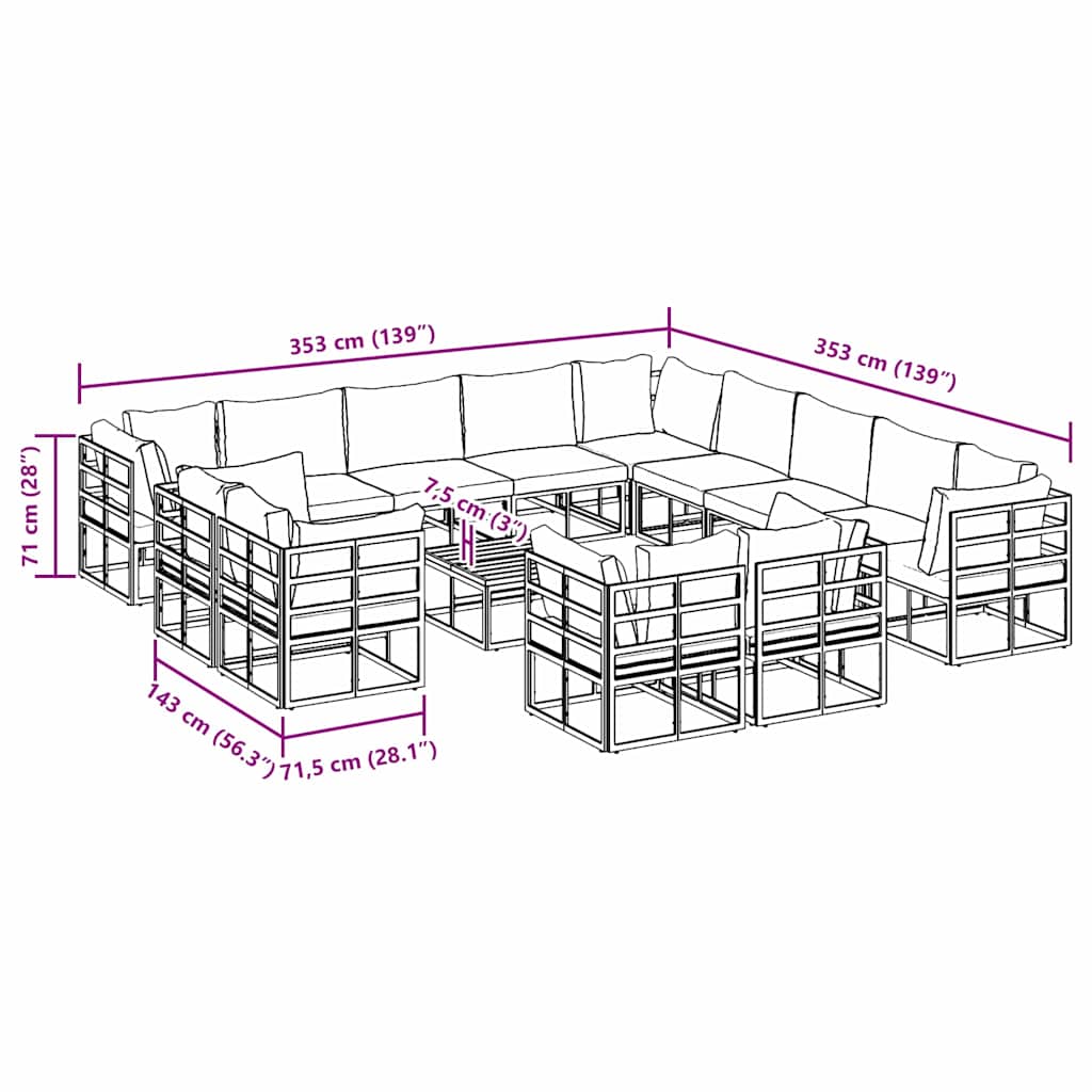 vidaXL Salon de jardin avec coussins 14 pcs Noir Aluminium