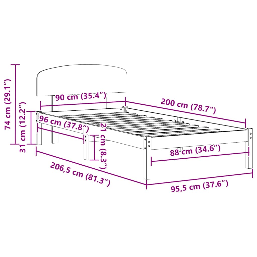 Bettrahmen Wachsbraun 90 x 200 cm Massives Kiefernholz