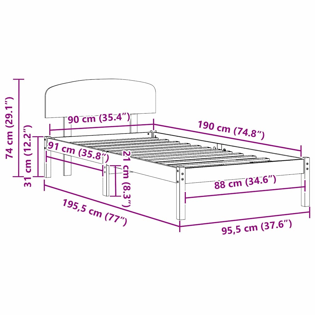Bettrahmen mit Kopfteil Weiß 90 x 190 cm Massives Kiefernholz