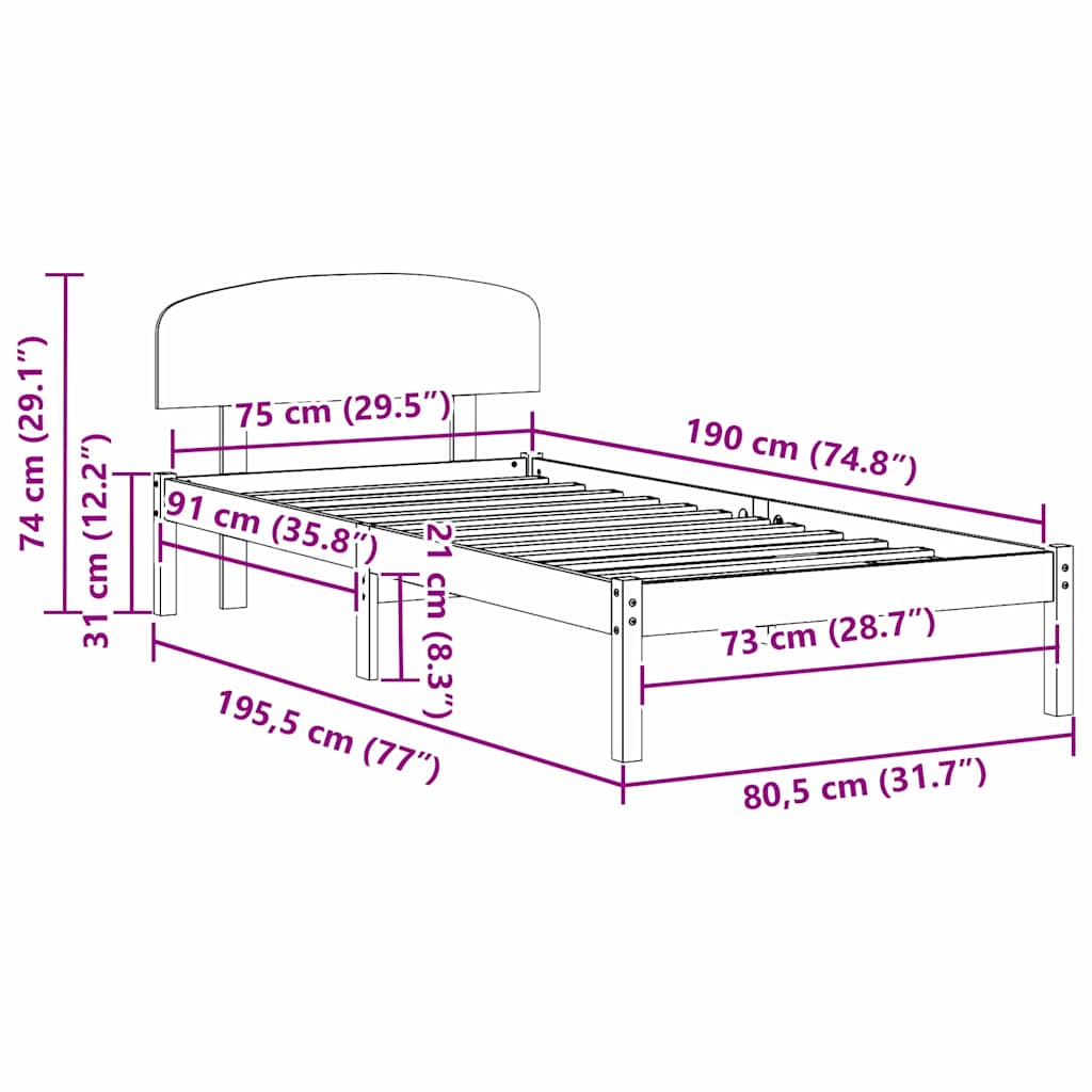 Bettrahmen mit Kopfteil Weiß 75 x 190 cm Massives Kiefernholz