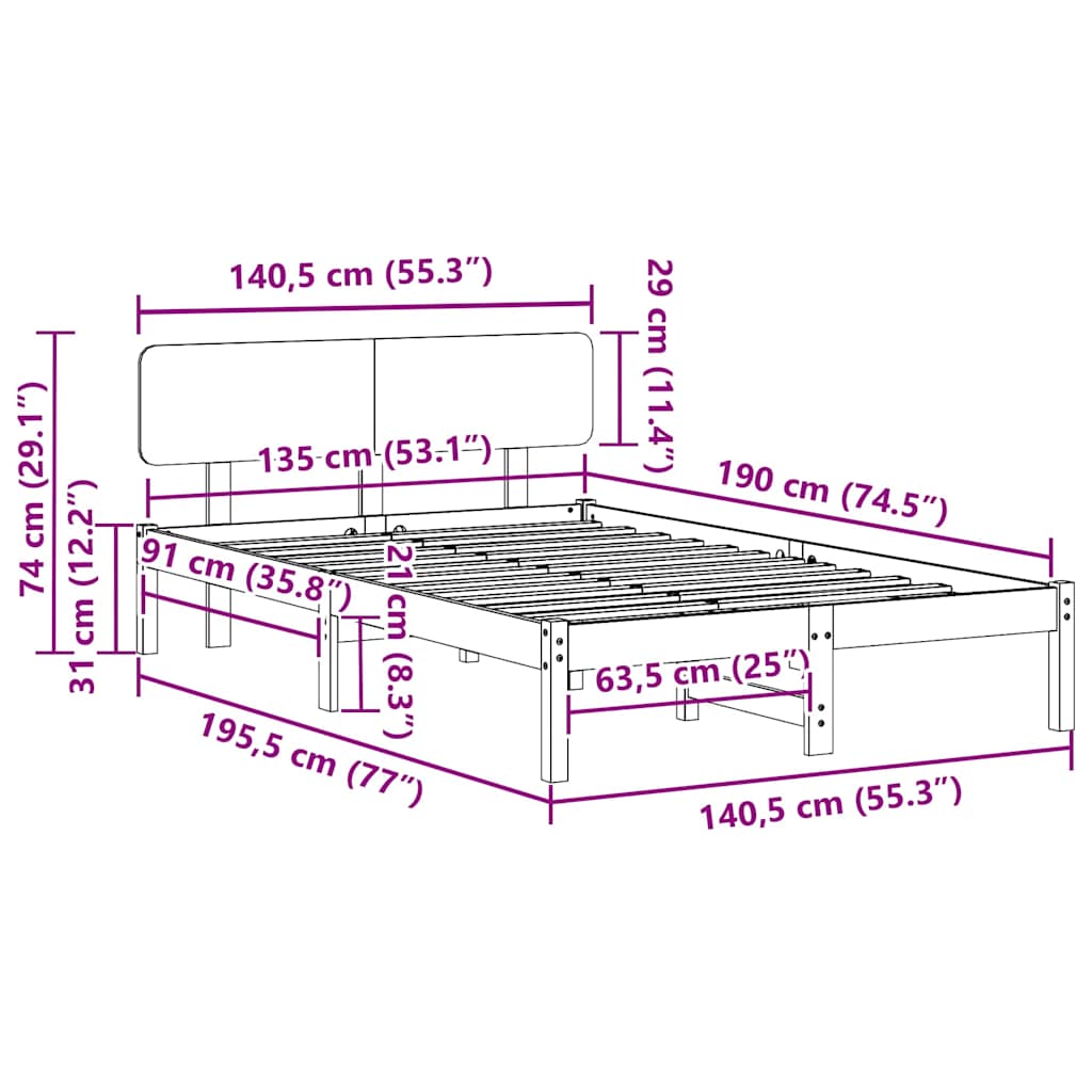 Bettrahmen Wachsbraun 135 x 190 cm Massives Kiefernholz