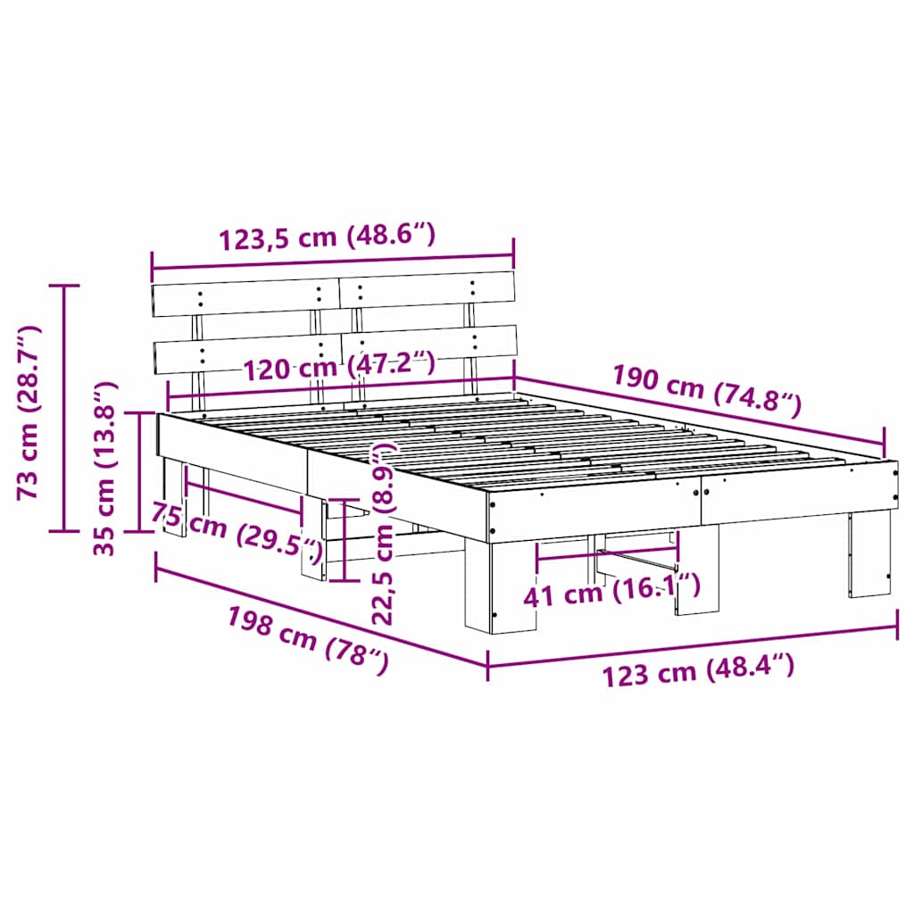 Bettrahmen Wachsbraun 120 x 190 cm Massives Kiefernholz