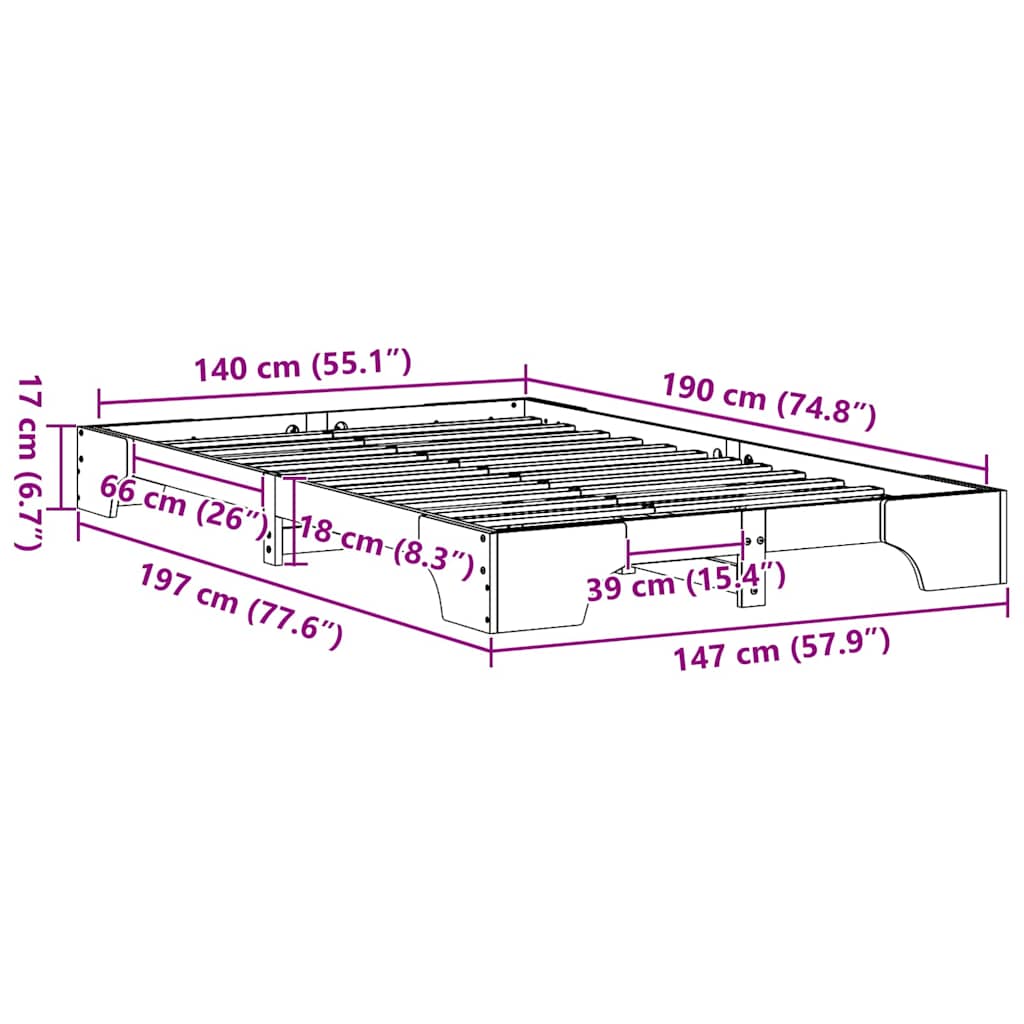 Bettrahmen Wachsbraun 140 x 190 cm Massives Kiefernholz